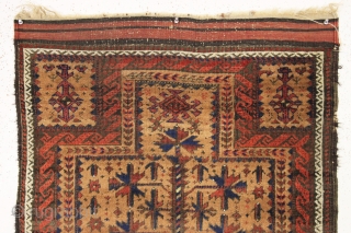 antique diminutive camel ground baluch prayer rug. Real camel wool. Overall fair condition and I see no repairs. Reasonably clean. Nice little authentic weaving. Late 19th c. 2'5" x 4'1"   