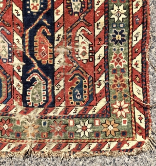 Antique small Caucasian rug with an interesting design and attractive old colors including pretty greens. This column design and the cochineal purple pile indicates karrabagh but the weave looks more south Caucasian?  ...