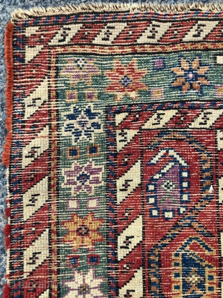 Antique small Caucasian rug with an interesting design and attractive old colors including pretty greens. This column design and the cochineal purple pile indicates karrabagh but the weave looks more south Caucasian?  ...