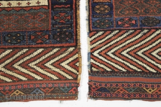 Antique original pair of interesting bagfaces, probably northwest Persian Kurdish. Unusual fields and eye catching skirt panels. Overall good even low pile. All saturated natural colors. Reasonably clean. Original closure tabs. Interesting  ...