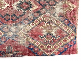Antique large ersari ikat inspired chuval with interesting design and good age but very rough condition. As found, dirty with heavy wear and edge loss. Priced accordingly. ca. 1875 or earlier. 2’8”  ...