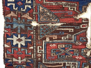 Antique east Anatolian Kurdish rug with interesting design and good natural colors but very rough condition. Particularly eye catching very colorful border. Edge loss, creases,wear and numerous good holes. Priced accordingly. Pay  ...