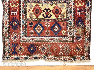 Antique large and colorful rug, probably northwest Persian, with an attractive unusual design. Overall good thick pile. Wide range of natural colors including multiple reds, pretty light blues, and strong yellows. Original  ...