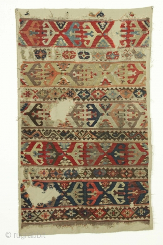 Antique Turkish Kelim fragment. Old piece. Very very very dirty. Sewn on to cloth. Ca. 1850? app. 2'6" x 3'10"             