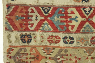 Antique Turkish Kelim fragment. Old piece. Very very very dirty. Sewn on to cloth. Ca. 1850? app. 2'6" x 3'10"             