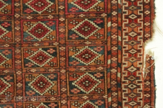 Antique small tekke rug. Unusual field design. "As found", very dirty and with low pile and damage as shown. Appears to be all natural colors including much insect dye and no dye  ...