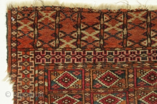 Antique small tekke rug. Unusual field design. "As found", very dirty and with low pile and damage as shown. Appears to be all natural colors including much insect dye and no dye  ...