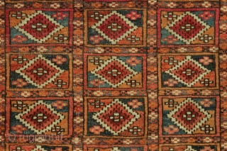 Antique small tekke rug. Unusual field design. "As found", very dirty and with low pile and damage as shown. Appears to be all natural colors including much insect dye and no dye  ...