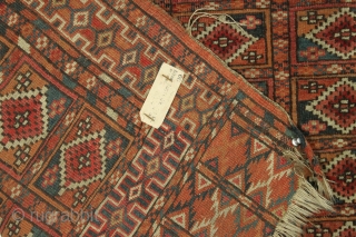 Antique small tekke rug. Unusual field design. "As found", very dirty and with low pile and damage as shown. Appears to be all natural colors including much insect dye and no dye  ...