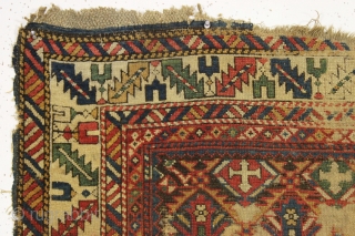 early caucasian kuba long rug. Superb color and unusually varied and delicate drawing. I don't think I've ever seen this much variety of elements in a similiar rug. Heavily oxidized brown ground  ...