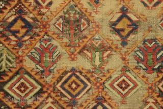 early caucasian kuba long rug. Superb color and unusually varied and delicate drawing. I don't think I've ever seen this much variety of elements in a similiar rug. Heavily oxidized brown ground  ...