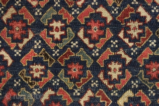 Early sumak bagface. Unusual design. Heavily oxidized browns. Pretty greens. All wool, no cotton. Shahsavan or caucasian? 3rd qtr. 19th c.   23" x 23"       