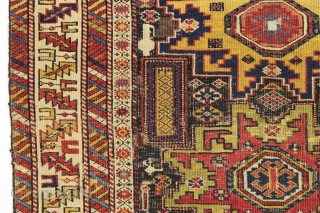 early caucasian lesghis star rug with incribed date of 1821. Probabaly shirvan. Older example with very wide range of vibrant natural colors. Delicate complex drawing with some charming elements I have not  ...