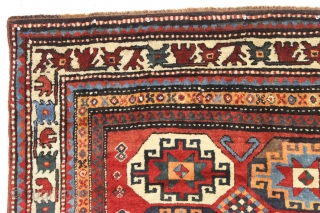 Antique moghan Kazak rug in great condition with thick high pile and beautiful natural colors. Clean with lustrous wool and lovely saturated colors. Ready for the discerning collector. Needs nothing. Good age,  ...