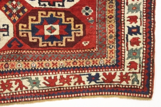 Antique moghan Kazak rug in great condition with thick high pile and beautiful natural colors. Clean with lustrous wool and lovely saturated colors. Ready for the discerning collector. Needs nothing. Good age,  ...