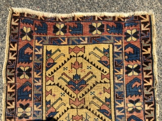 Antique yellow ground Caucasian rug, probably Avar, with a spacious lattice of large tulip palmettes. Overall even very low pile with scattered wear as shown. Small edge tear and a spot or  ...