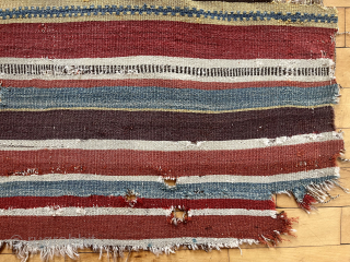 Old Turkish flat weave fragment. Lovely old colors. Edges all rough. Corroded blacks. Clean and structurally sound. All wool.Mysterious little weaving. Shop clean out. $100 plus shipping. 30” x 64”
waynecbarron@aol.com