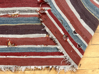 Old Turkish flat weave fragment. Lovely old colors. Edges all rough. Corroded blacks. Clean and structurally sound. All wool.Mysterious little weaving. Shop clean out. $100 plus shipping. 30” x 64”
waynecbarron@aol.com