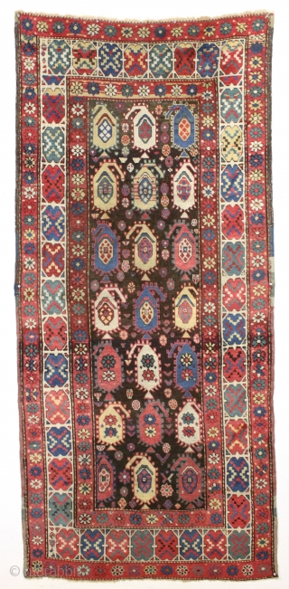 Antique early tribal rug probably northwest persian with an unusual and eye catching border. Overall good condition. All natural colors with pretty blues, greens and nice old yellows. Although one might think  ...