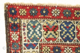 Antique early tribal rug probably northwest persian with an unusual and eye catching border. Overall good condition. All natural colors with pretty blues, greens and nice old yellows. Although one might think  ...