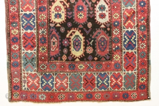 Antique early tribal rug probably northwest persian with an unusual and eye catching border. Overall good condition. All natural colors with pretty blues, greens and nice old yellows. Although one might think  ...