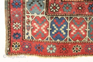 Antique early tribal rug probably northwest persian with an unusual and eye catching border. Overall good condition. All natural colors with pretty blues, greens and nice old yellows. Although one might think  ...