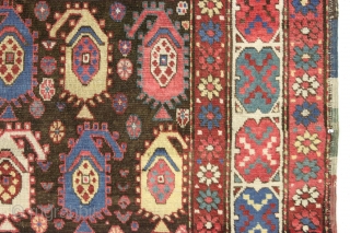 Antique early tribal rug probably northwest persian with an unusual and eye catching border. Overall good condition. All natural colors with pretty blues, greens and nice old yellows. Although one might think  ...