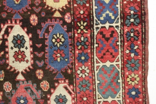 Antique early tribal rug probably northwest persian with an unusual and eye catching border. Overall good condition. All natural colors with pretty blues, greens and nice old yellows. Although one might think  ...