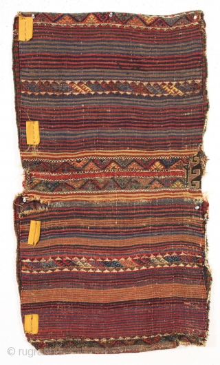 antique complete connected pair of kurdish bags with an unusual ashik gul border. Mostly good pile with a few spots of wear and edge roughnes. All natural colors featuring a nice aubergine,  ...