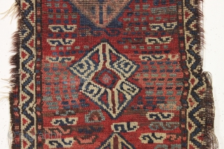 antique little turkish yastik with an intersting wonky design. I like dots. All good old colors featuring a nice red, aubergineand an old apricot. Mostly decent pile but with wear and edge  ...