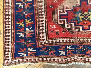 Antique large Kazak. Powerful design. As found, in need of extensive restoration. Reasonably clean. 19th c. 5'3" x 7'7"              