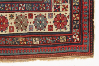 antique caucasian talish rug. Reasonably early example. Classic open field with endless knots and enough secondary dice elements to fill a casino. Intact but thin with wear as shown and priced accordingly.  ...