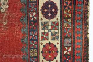 antique caucasian talish rug. Reasonably early example. Classic open field with endless knots and enough secondary dice elements to fill a casino. Intact but thin with wear as shown and priced accordingly.  ...