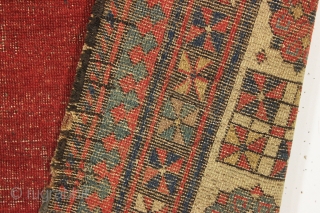 antique caucasian talish rug. Reasonably early example. Classic open field with endless knots and enough secondary dice elements to fill a casino. Intact but thin with wear as shown and priced accordingly.  ...