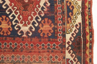 antique bordjalou kazak rug. Interesting fresh older example. Dramatic bold main border and unusual compartment field. All natural colors. As found, very dirty with wear, brown oxidation and some damage as shown.  ...