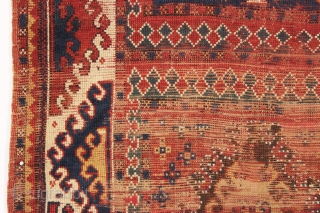 antique bordjalou kazak rug. Interesting fresh older example. Dramatic bold main border and unusual compartment field. All natural colors. As found, very dirty with wear, brown oxidation and some damage as shown.  ...
