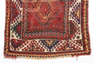 antique bordjalou kazak rug. Interesting fresh older example. Dramatic bold main border and unusual compartment field. All natural colors. As found, very dirty with wear, brown oxidation and some damage as shown.  ...