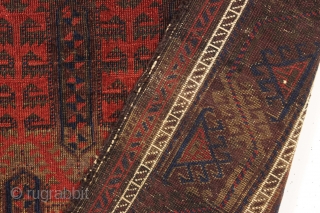 antique baluch rug. Interesting design and rich natural colors. Fresh New England find. Good even low pile with nice sculpting from heavy brown oxidation. Clean and brilliant with fiery reds. a little  ...