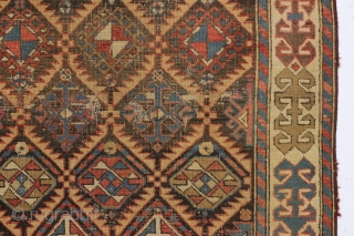 antique caucasian akstafa prayer rug. Classic long narrow format with a squared mihrab. "as found", unrestored and very dirty with scattered wear and a bit of edge damage as shown. All natural  ...
