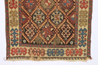 antique caucasian akstafa prayer rug. Classic long narrow format with a squared mihrab. "as found", unrestored and very dirty with scattered wear and a bit of edge damage as shown. All natural  ...