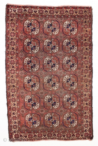 antique baluch rug. a little bit unusual. Large size scatter with turkoman inspired field. Chunky weave. Allover even low pile. i don't see any repairs. Not perfect condition but entirely useable. Something  ...