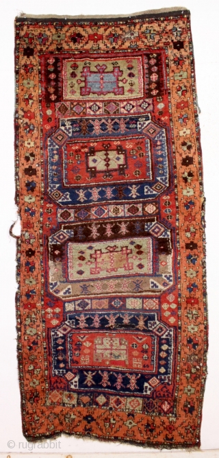 antique east anatolian Kurdish or yoruk rug. Shaggy beast with thick pile and great archaic design. "as found", with mostly thick high pile, scattered small damages and a few small old crude  ...
