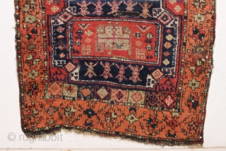 antique east anatolian Kurdish or yoruk rug. Shaggy beast with thick pile and great archaic design. "as found", with mostly thick high pile, scattered small damages and a few small old crude  ...