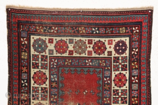 antique caucasian talish rug. Reasonably early example. Classic open field with endless knots and enough secondary dice elements to fill a casino. Intact but thin with wear as shown and priced accordingly.  ...