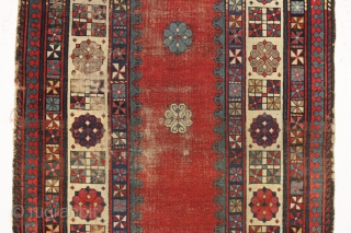 antique caucasian talish rug. Reasonably early example. Classic open field with endless knots and enough secondary dice elements to fill a casino. Intact but thin with wear as shown and priced accordingly.  ...