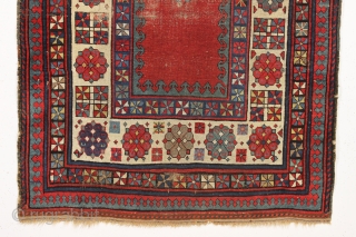 antique caucasian talish rug. Reasonably early example. Classic open field with endless knots and enough secondary dice elements to fill a casino. Intact but thin with wear as shown and priced accordingly.  ...