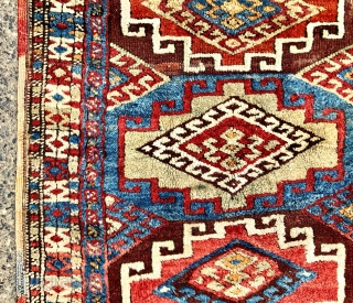 Antique tribal rug with bold large Memling guls and thick fleecy pile. Possibly east Anatolian origin? Excellent natural colors. Mostly good thick pile with scattered wear, creases, tears, brown oxidation and end  ...