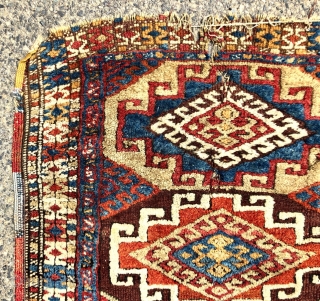 Antique tribal rug with bold large Memling guls and thick fleecy pile. Possibly east Anatolian origin? Excellent natural colors. Mostly good thick pile with scattered wear, creases, tears, brown oxidation and end  ...