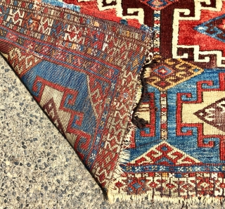 Antique tribal rug with bold large Memling guls and thick fleecy pile. Possibly east Anatolian origin? Excellent natural colors. Mostly good thick pile with scattered wear, creases, tears, brown oxidation and end  ...