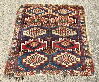 Antique tribal rug with bold large Memling guls and thick fleecy pile. Possibly east Anatolian origin? Excellent natural colors. Mostly good thick pile with scattered wear, creases, tears, brown oxidation and end  ...